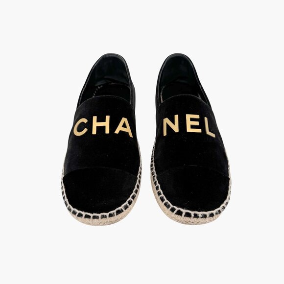 Chanel Logo Espadrilles EU 37 US 6-6.5 Black Velvet Rope Sole Slip On Flat Shoe - Picture 3 of 14